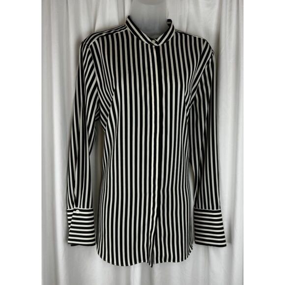 H&M Striped Collarless Buttoned Down Shirt Green Off White 12 Academia 54-14 - Picture 1 of 16